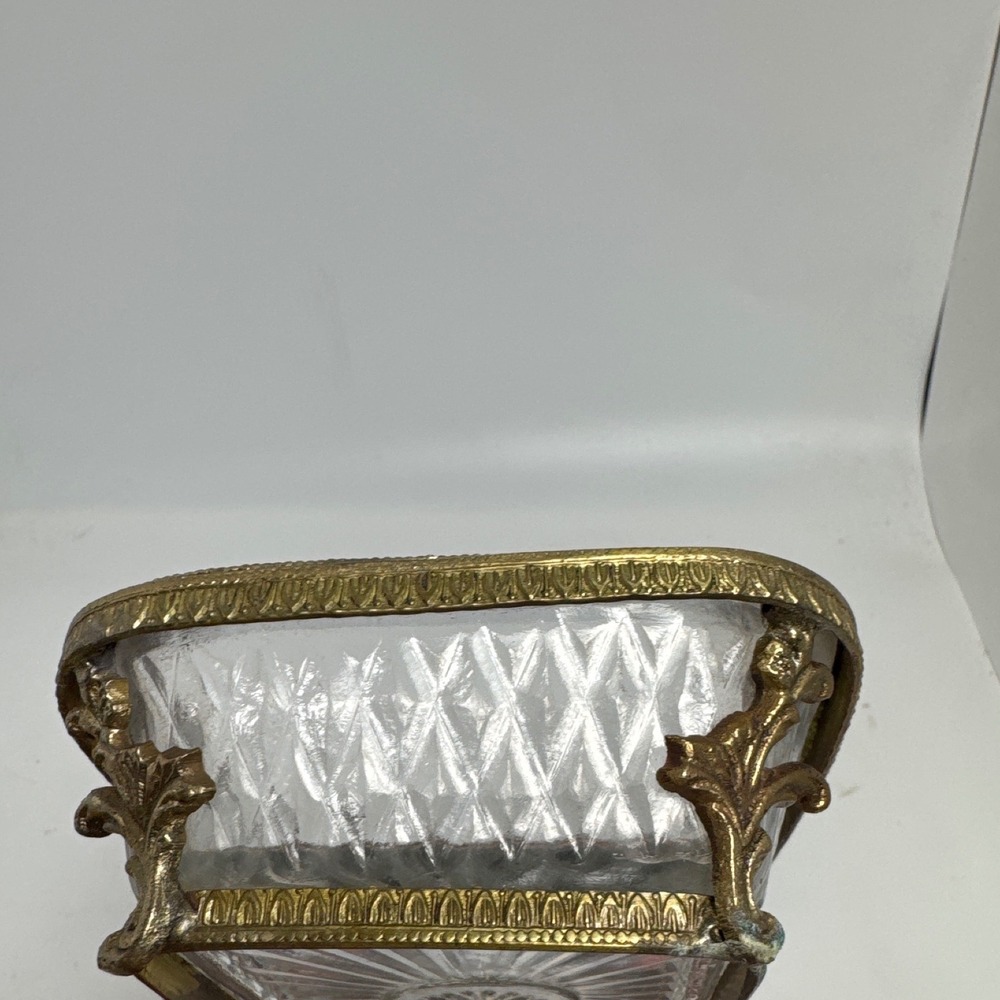 Vintage Crystal Glass Trinket Dish Brass Filigree Frame Gold Rectangular Good 5" - Picture 5 of 11